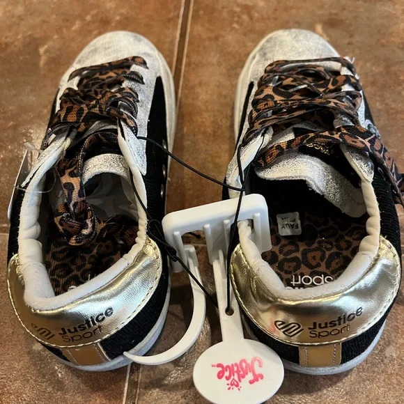 NEW with tag Justice Black and Silver Sneakers with Leopard Laces girls - Picture 3 of 6